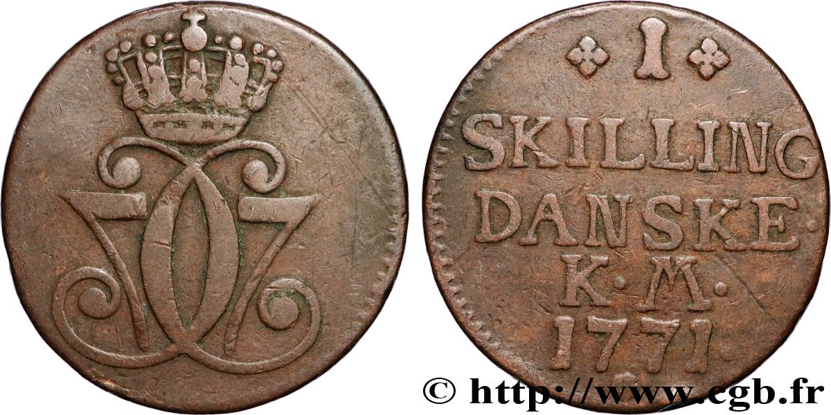 DINAMARCA 1 Skilling Christian VII 1771 Copenhague BC+ 