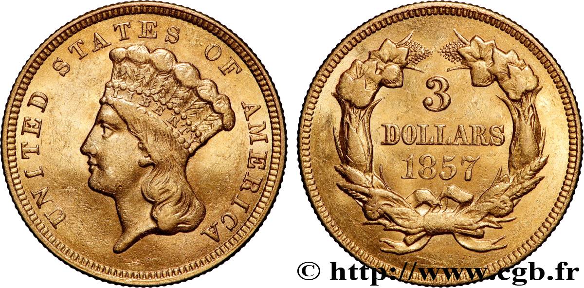 ÉTATS-UNIS D AMÉRIQUE 3 Dollars ”Indian Princess” 1857 Philadelphie AU 