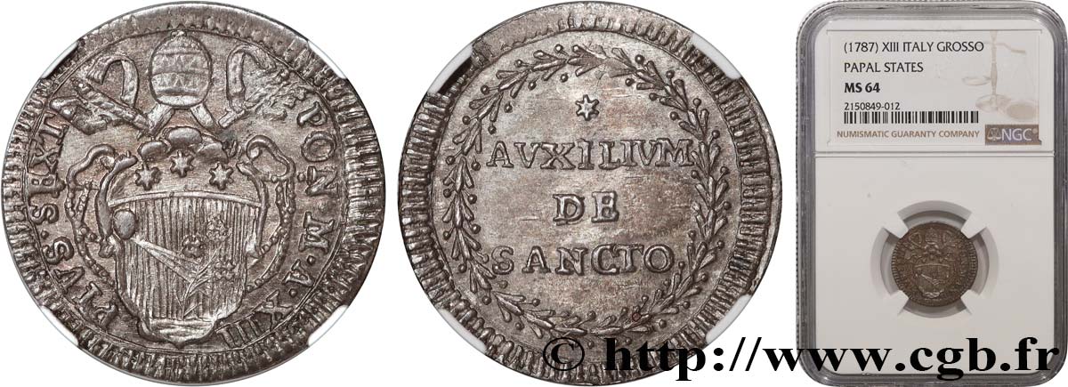 ITALY - PAPAL STATES - PIUS VI (Giovanni Angelo Braschi 1 Grosso an X 1787 Rome MS64 NGC