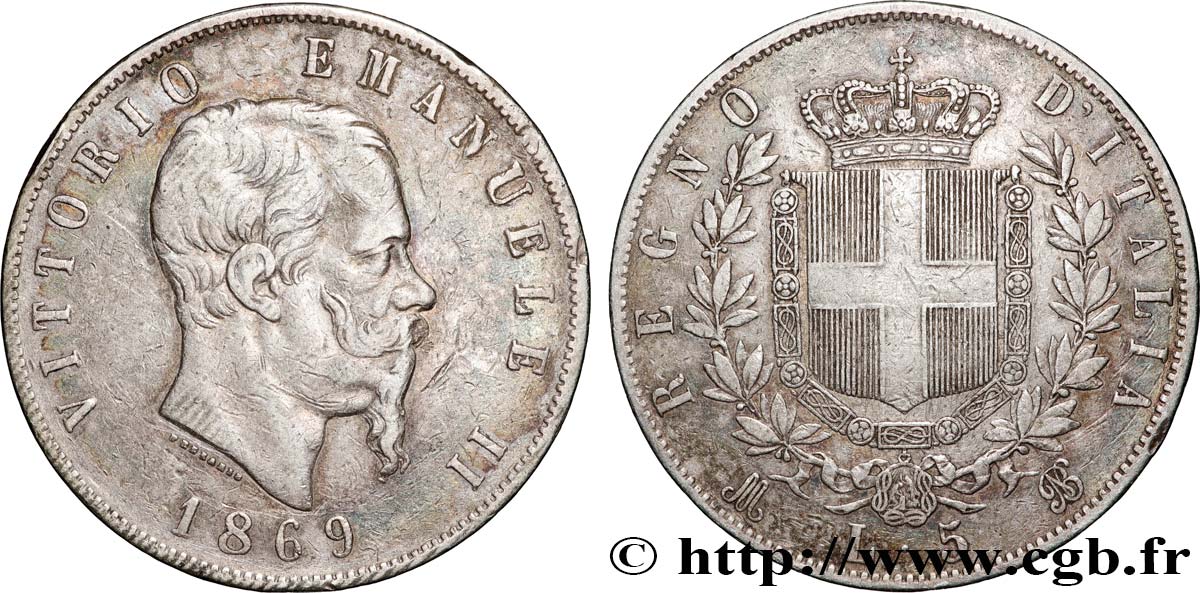 ITALIE 5 Lire Victor Emmanuel II 1869 Milan TTB 