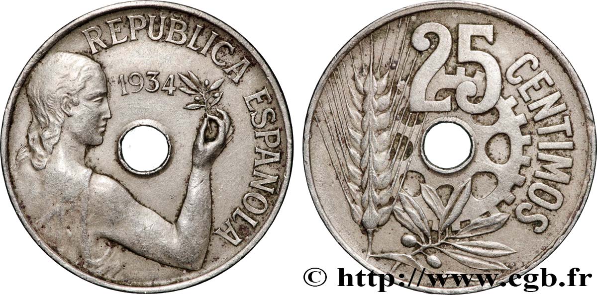 ESPAGNE 25 Centimos monnayage républicain 1934  TTB 