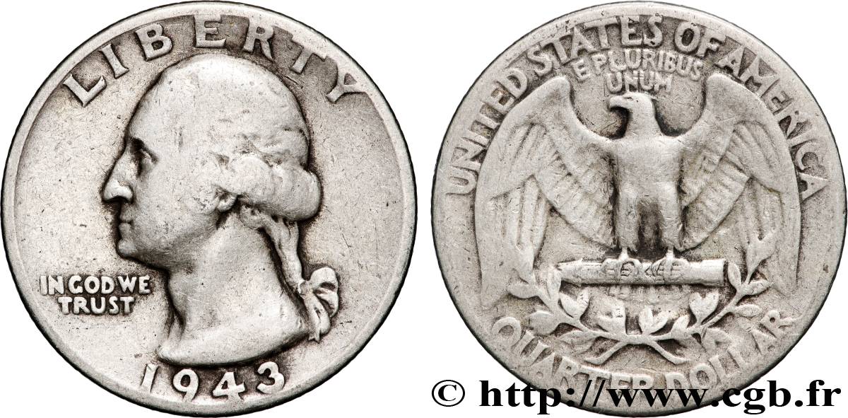 ÉTATS-UNIS D AMÉRIQUE 1/4 Dollar Georges Washington 1943 Philadelphie TB 