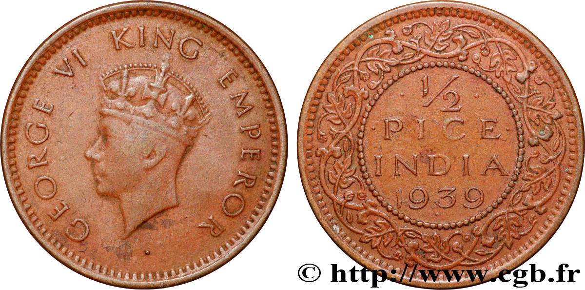 INDES BRITANNIQUES 1/2 Pice Georges V 1939 Bombay TB+ 