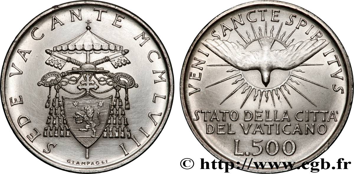 VATICANO E STATO PONTIFICIO 500 Lire Sede Vacante Colombe 1958 Rome MS 