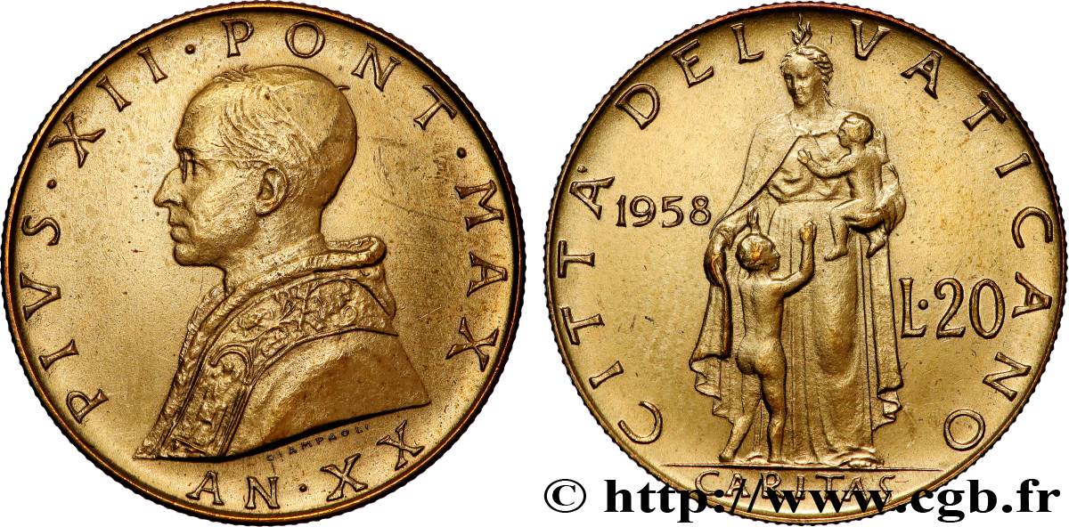 VATICANO Y ESTADOS PONTIFICIOS 20 Lire Pie XII an XX / Caritas 1958 Rome EBC 