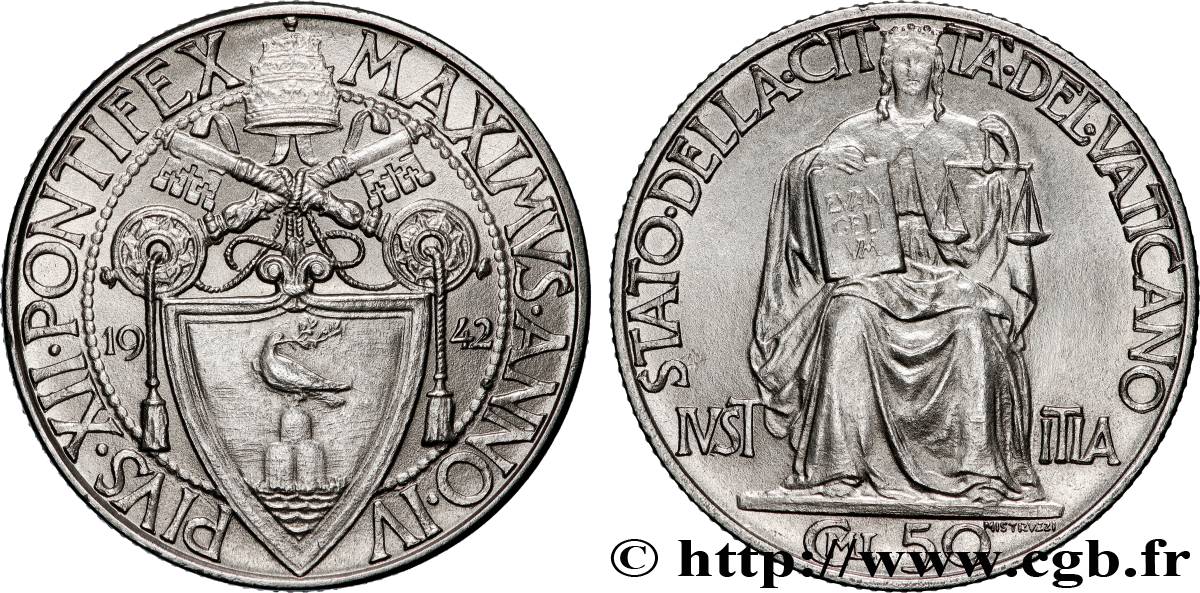 VATICANO E STATO PONTIFICIO 50 Centesimi pontificat de Pie XII an IV 1942  MS 