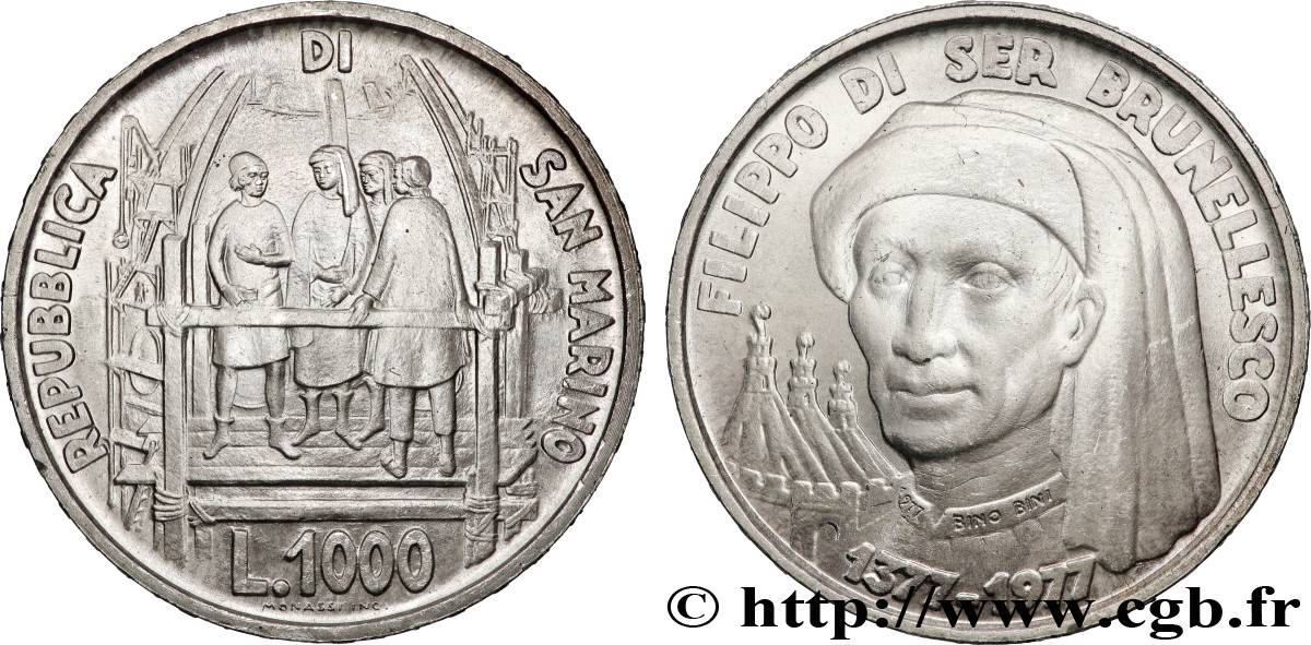 SAN MARINO 1000 Lire 600e anniversaire de la naissance de Filippo di Ser Brunellesco 1977 Rome MS 