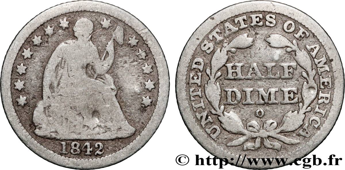 ÉTATS-UNIS D AMÉRIQUE 1/2 Dime (5 Cents) Liberté assise variété avec draperie 1842 Nouvelle-Orléans - O TB+ 