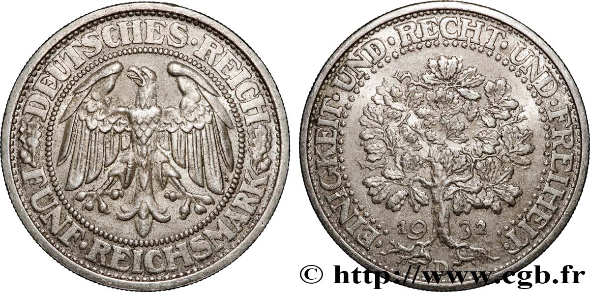 ALLEMAGNE 5 Reichsmark aigle / chêne 1932 Munich - D TTB+ 