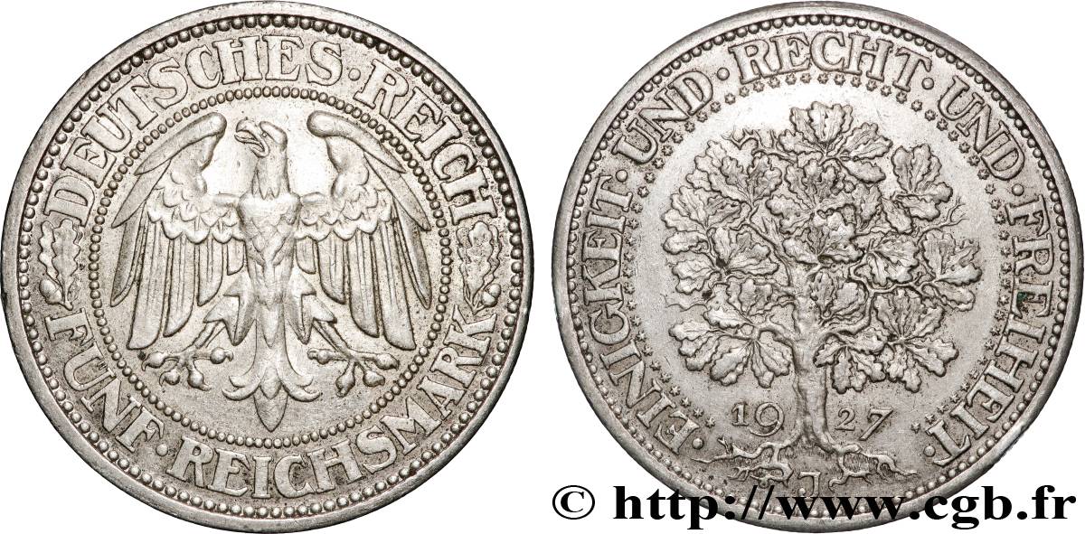 DEUTSCHLAND 5 Reichsmark 1927 Hambourg fVZ 