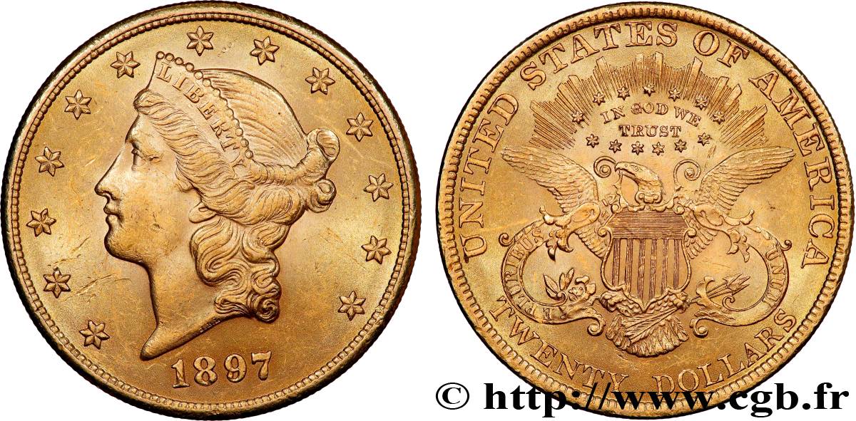 OR, PALLADIUM ET PLATINE INVESTISSEMENT 20 Dollars  Liberty  1897 Philadelphie TTB+ 