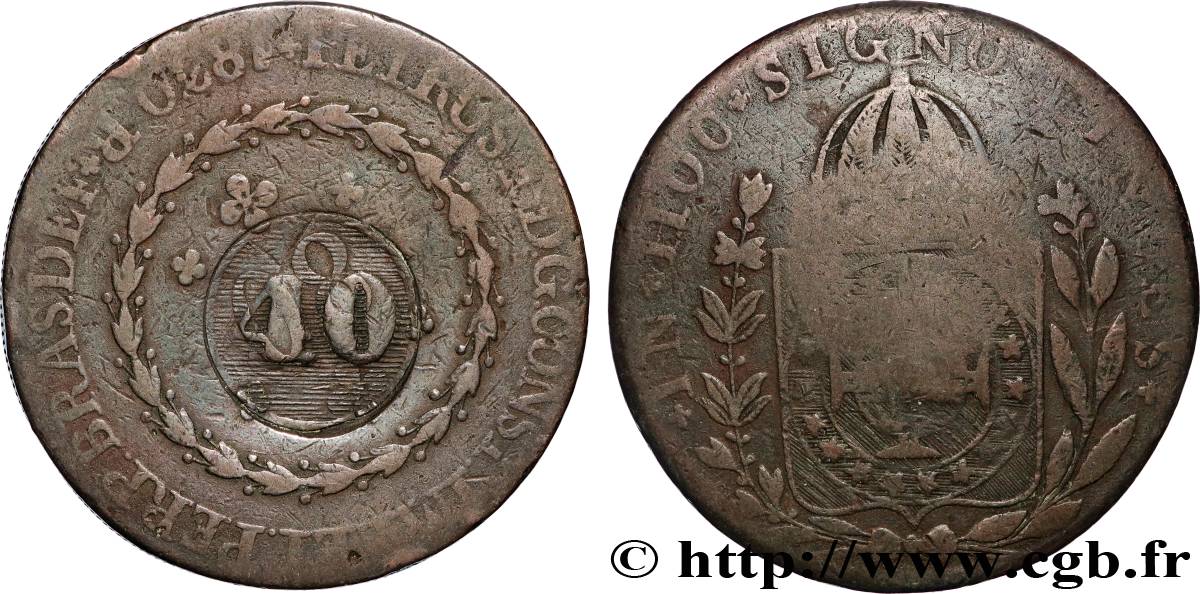 BRÉSIL - EMPIRE DU BRÉSIL - PIERRE II 40 Réis contremarqué sur une 80 Réis de 1830 1835 Rio de Janeiro TB 