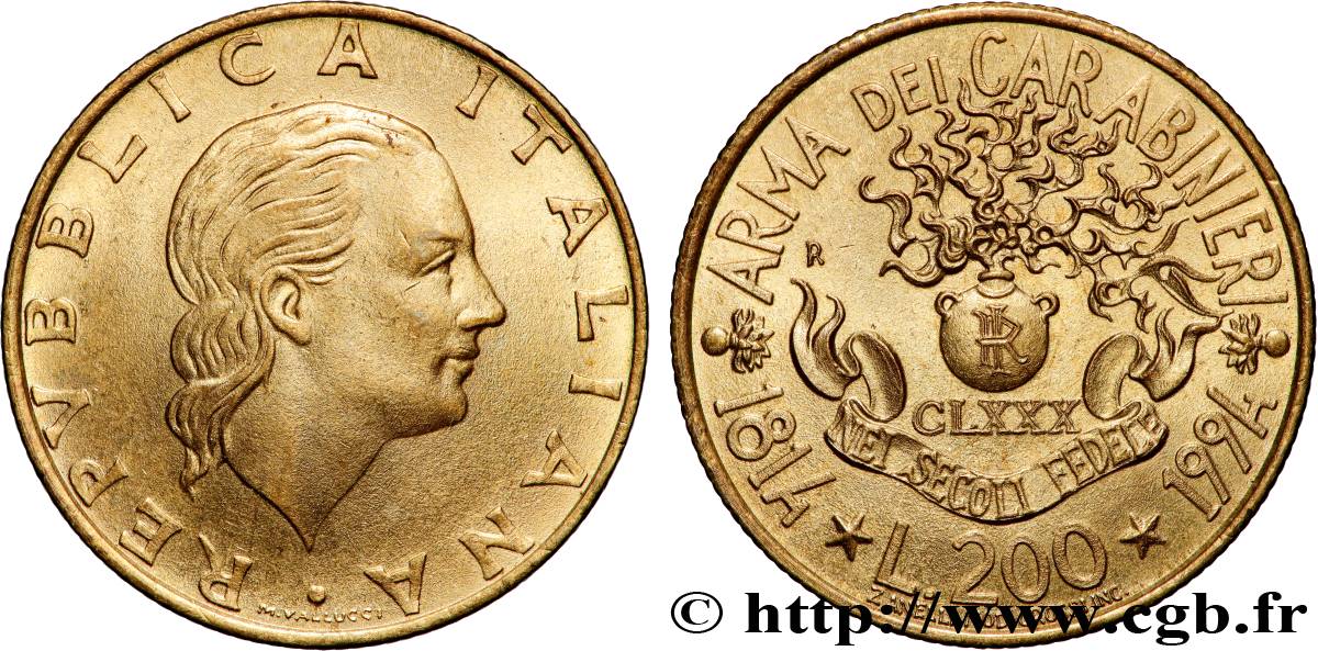 ITALY 200 Lire 180e anniversaire Arme des Carabiniers 1994 Rome - R AU 