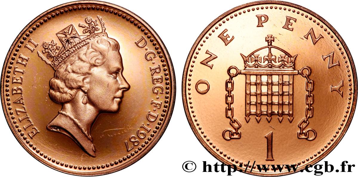 ROYAUME-UNI 1 Penny Proof Elisabeth II / herse couronnée 1987  SPL 