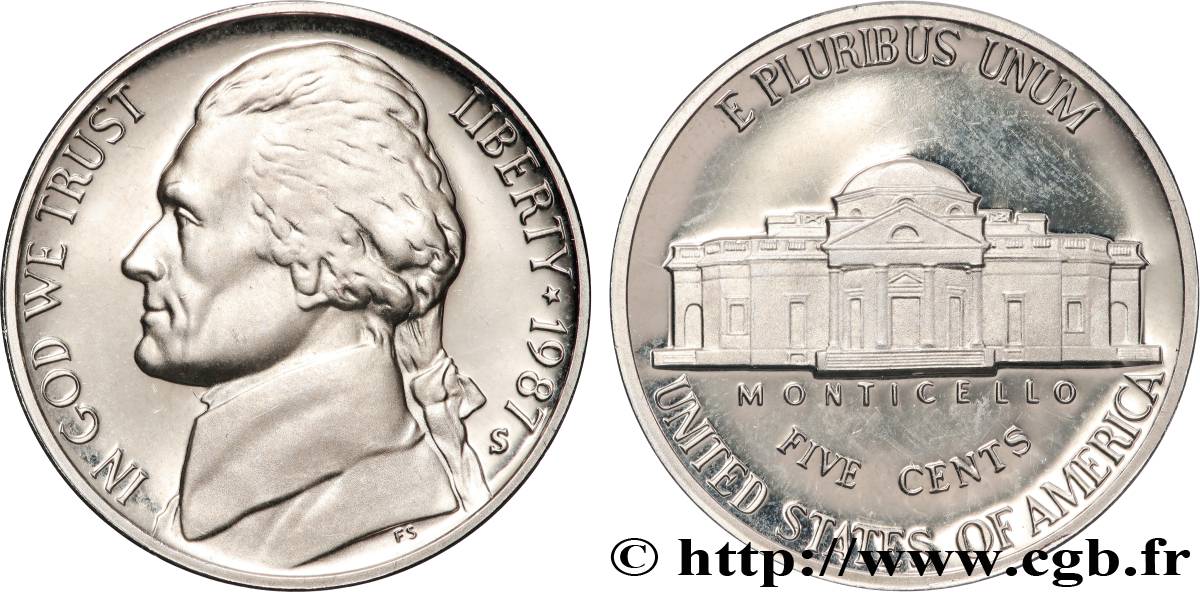 ÉTATS-UNIS D AMÉRIQUE 5 Cents Proof président Thomas Jefferson / Monticello 1987 San Francisco - S SPL 