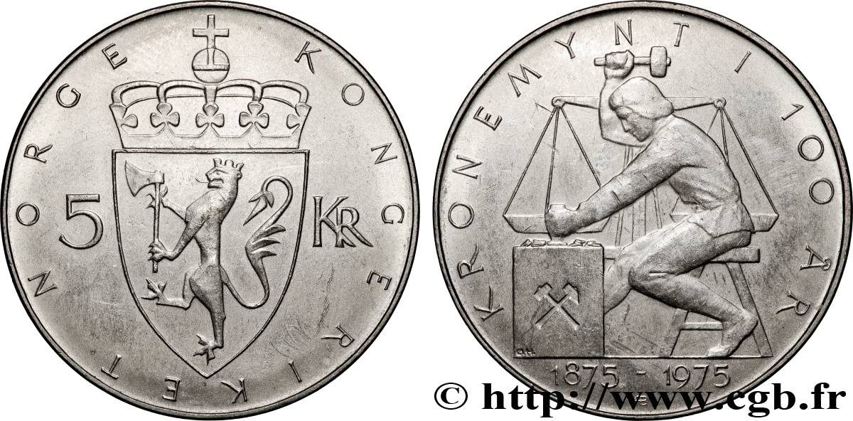 NORVÈGE 5 Kroner 100e anniversaire de la couronne norvégienne 1975  SUP 