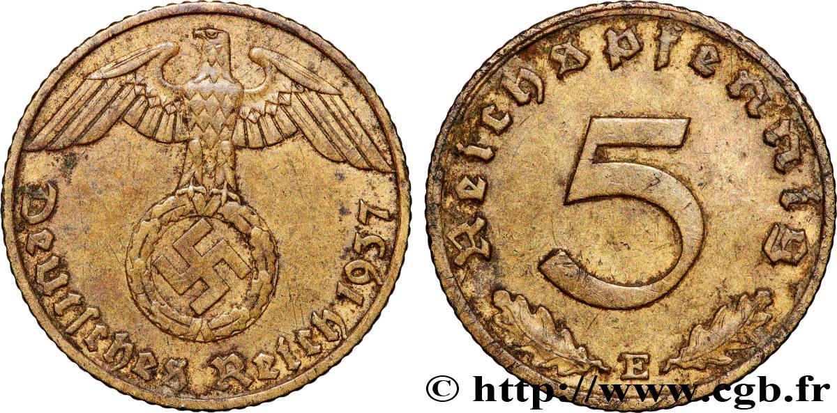 ALLEMAGNE 5 Reichspfennig aigle surmontant une swastika 1937 Muldenhütten - E TTB+ 