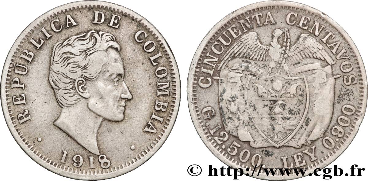 COLOMBIA 50 Centavos emblème Simon Bolivar 1918 Birmingham VF 