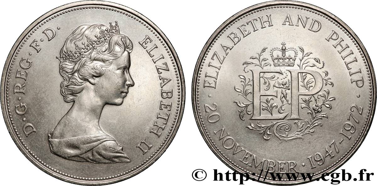 ROYAUME-UNI 25 New Pence (1 Crown) 25e anniversaire de mariage d’Elisabeth II 1972  SUP 