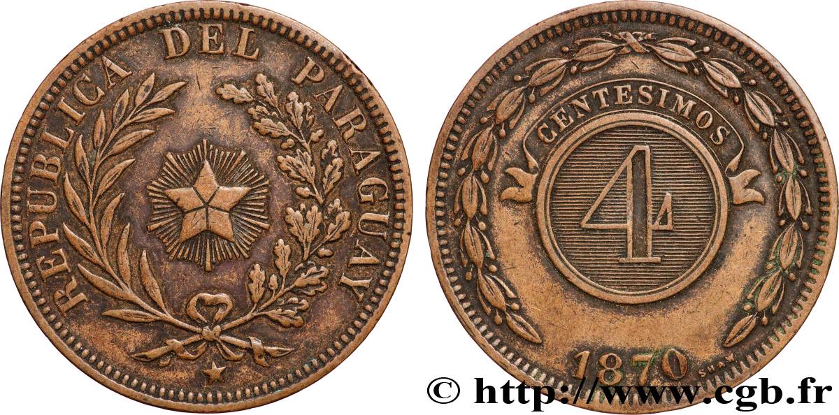 PARAGUAY 4 Centesimos 1870 Heaton SS 