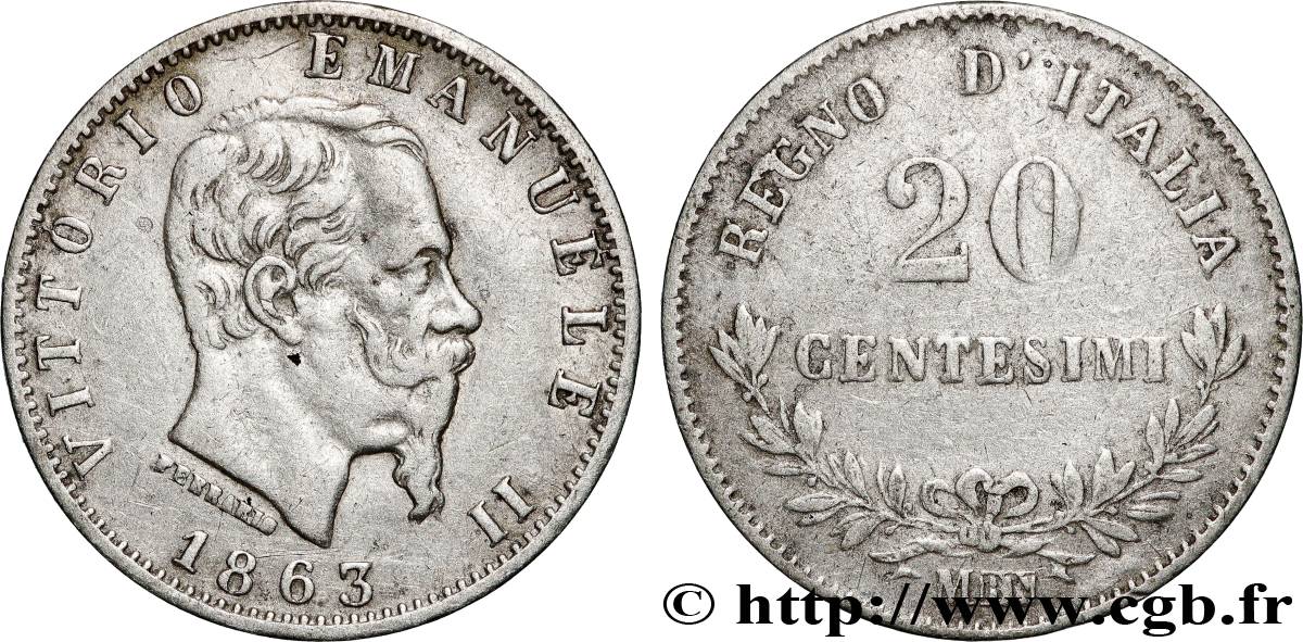 ITALY 20 Centesimi Victor Emmanuel II 1863 Milan VF 