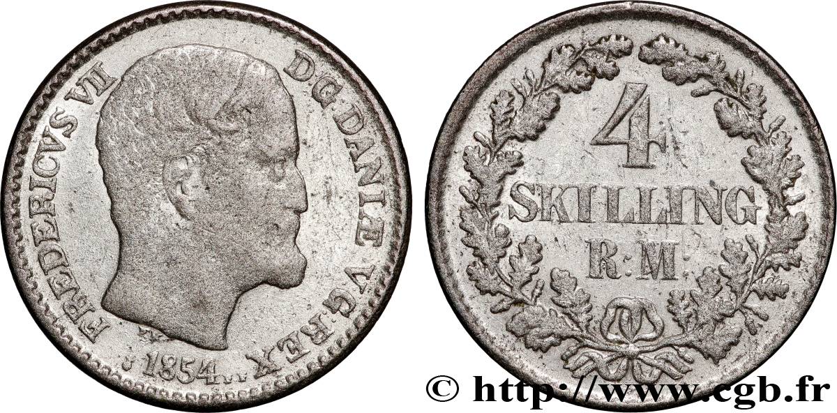KINGDOM OF DENMARK - FREDERICK VII 4 Skilling  1854 Copenhague XF 