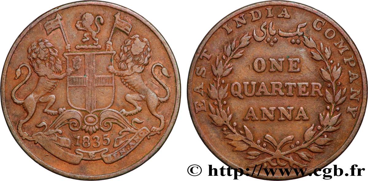 BRITISH INDIA 1/4 Anna East India Company 1835 Calcutta XF 