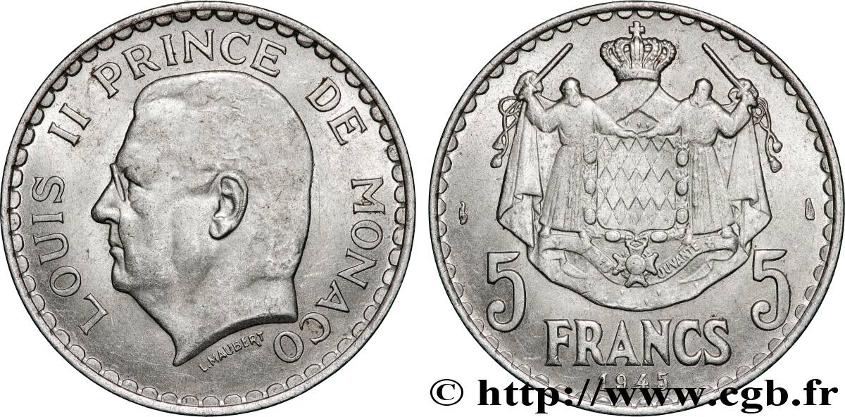 MONACO 5 Francs Louis II 1945 Paris AU 