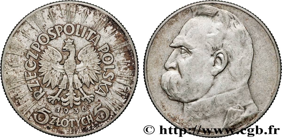POLAND 5 Zlotych Joseph Pilsudski, 20e anniversaire de la fondation de la Ligue des fusiliers polonais 1936 Varsovie XF 