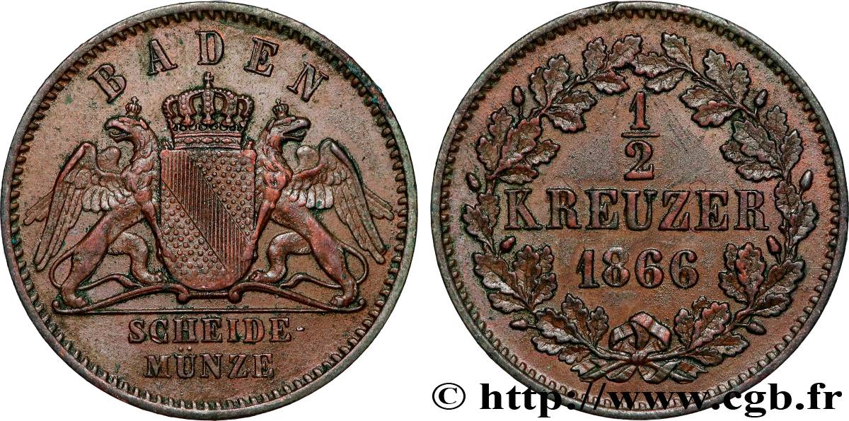 ALLEMAGNE - BADE 1/2 Kreuzer Grand-Duché de Bade 1866  TTB+ 