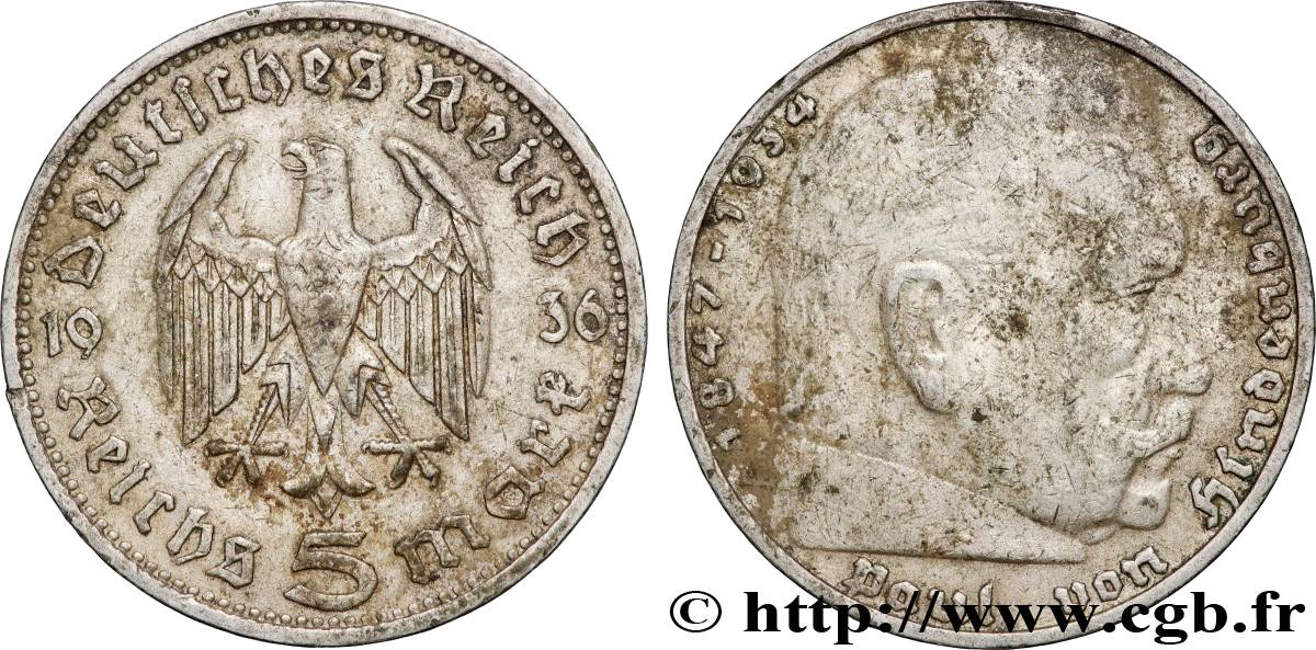 ALLEMAGNE 5 Reichsmark Maréchal Paul von Hindenburg 1936 Berlin TB+ 