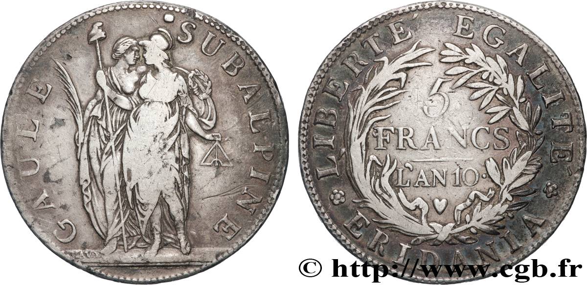 ITALIE - GAULE SUBALPINE 5 Francs an 10 1802 Turin TB+ 