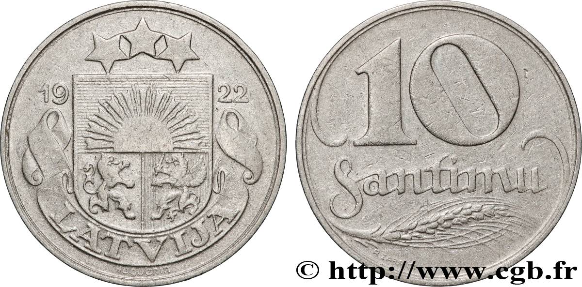 LETTLAND 10 Santimu emblème 1922 Huguenin, Le Locle, Suisse SS 