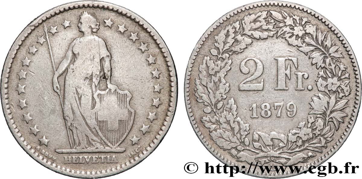 SUIZA 2 Francs Helvetia 1879 Berne BC 