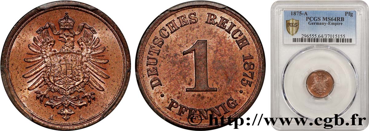 GERMANY 1 Pfennig Empire aigle impérial 1875 Berlin MS64 PCGS