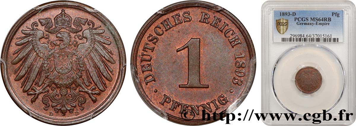 GERMANY 1 Pfennig aigle héraldique 1893 Munich MS64 PCGS