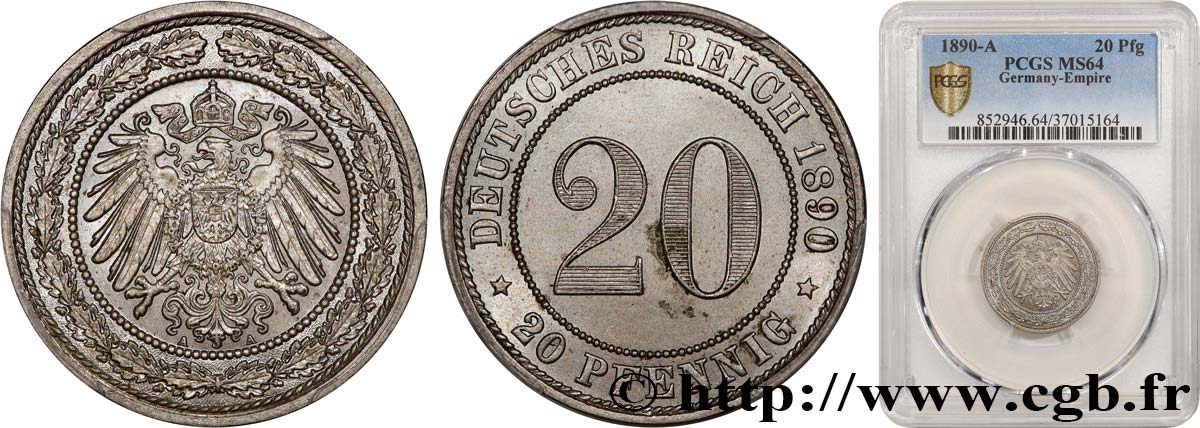 DEUTSCHLAND 20 Pfennig 1890 Berlin fST64 PCGS