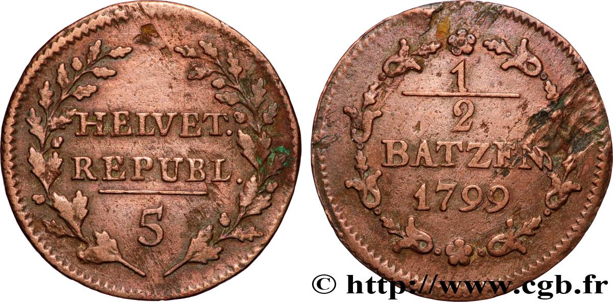 SUIZA - REPÚBLICA HELVÉTICA 1/2 Batzen 1799 Berne BC+ 