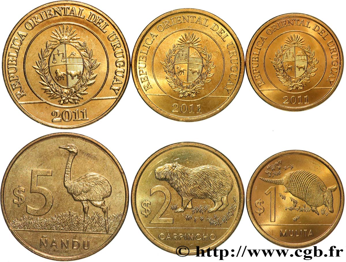 URUGUAY Lot de trois monnaies 1, 2 et 5 Pesos - Faune d’Uruguay 2011 Madrid MS 