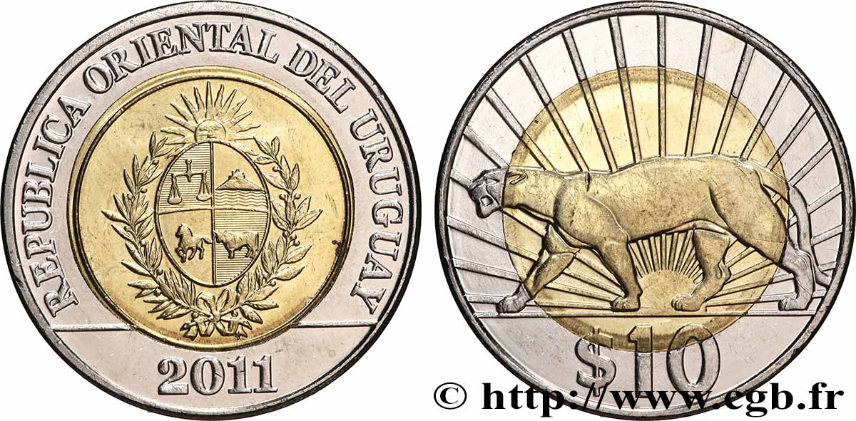 URUGUAY 10 Pesos emblème / puma 2011 Bruxelleq SPL 