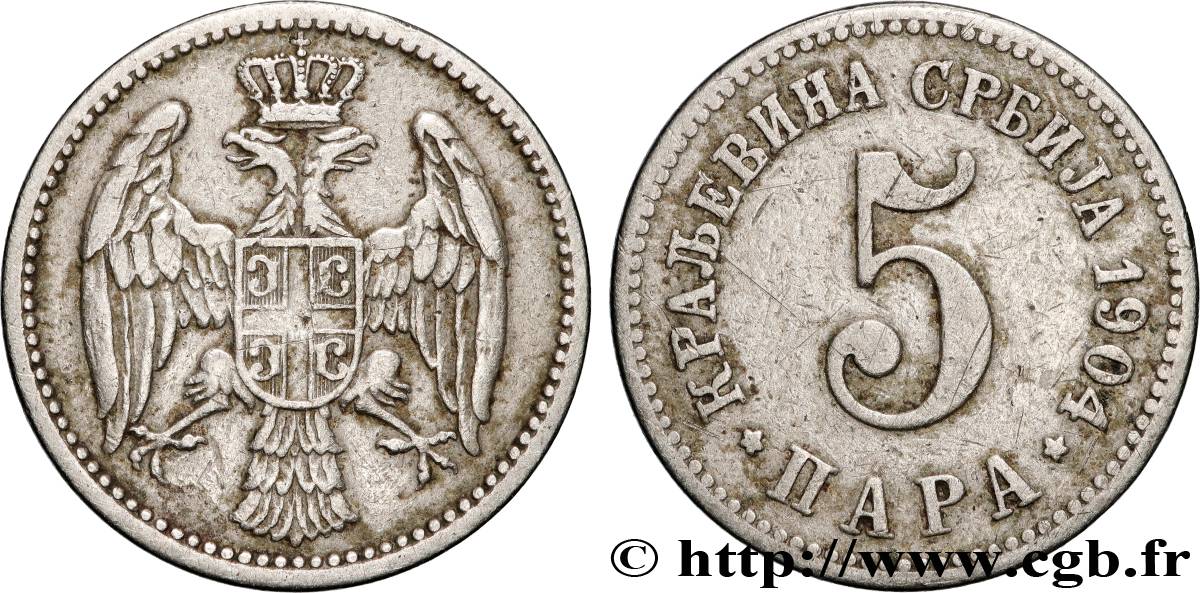 SERBIA 5 Para aigle bicéphale 1904 Paris VF 