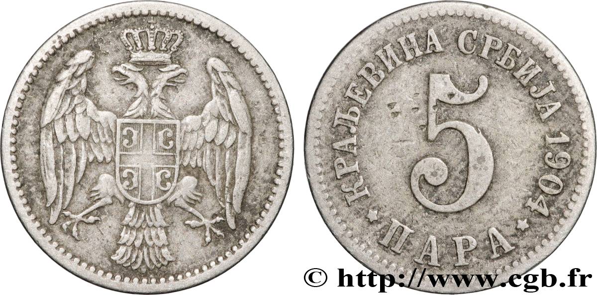 SERBIA 5 Para aigle bicéphale 1904 Paris XF 