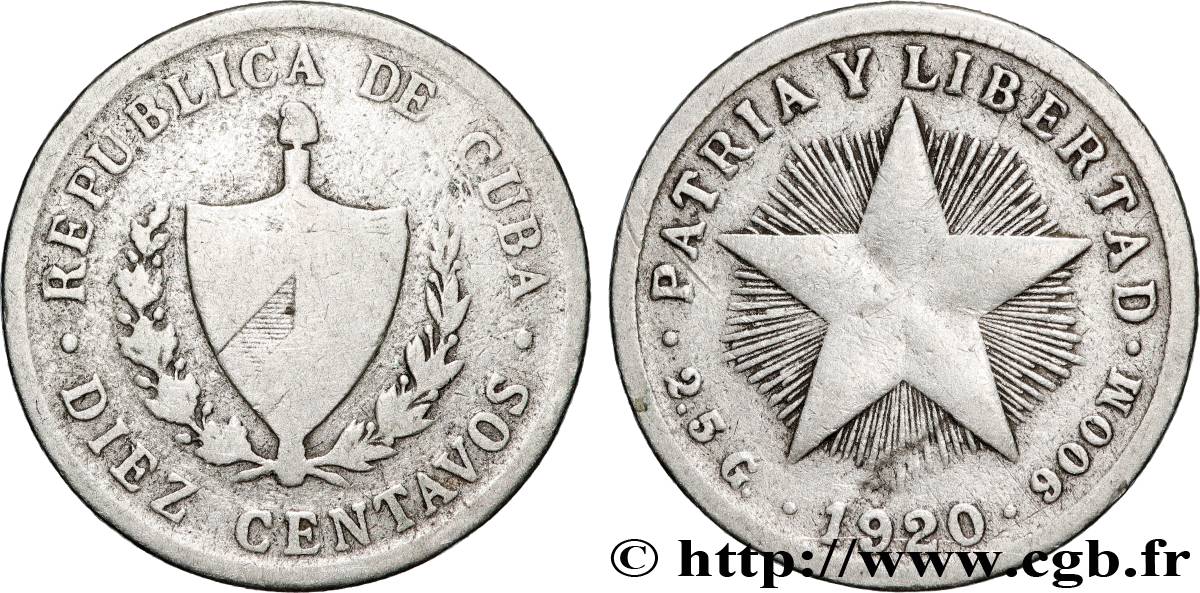 CUBA 10 Centavos emblème 1920 Philadelphie MB 