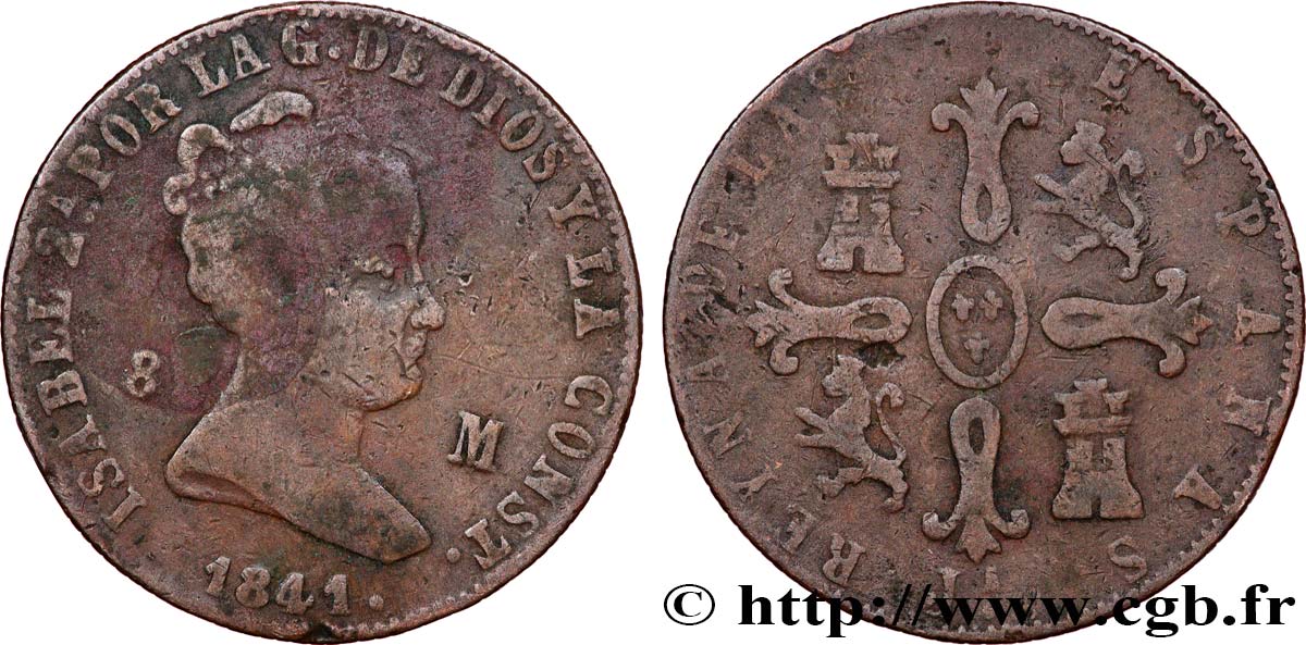 SPAIN 8 Maravedis Isabelle II 1841 Jubia F 