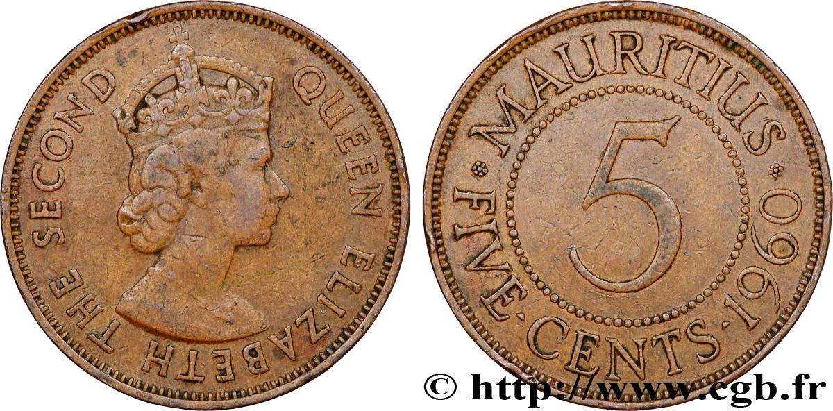 MAURITIUS 5 Cents Elisabeth II 1960 Londres XF 