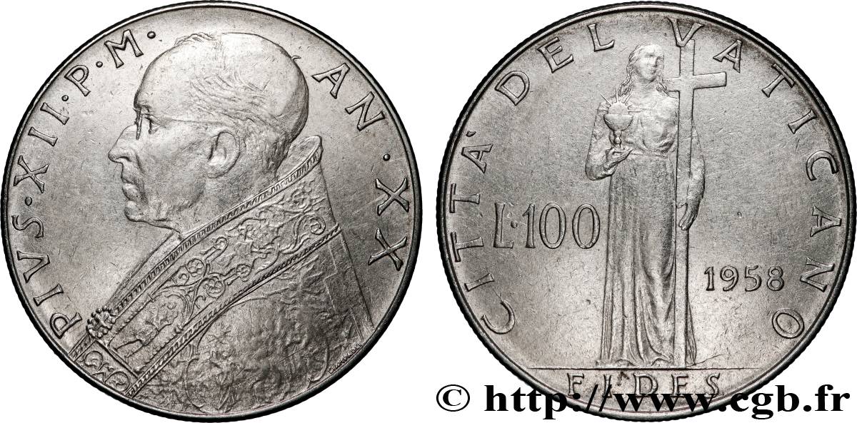 VATIKANSTAAT UND KIRCHENSTAAT 100 Lire Pie XII an XX 1958 Rome fVZ 