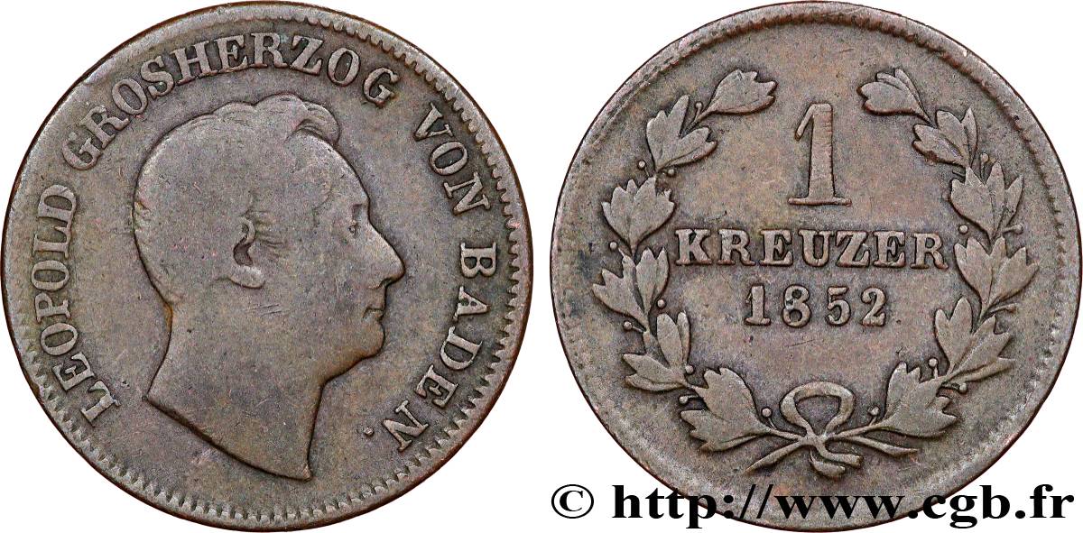 ALLEMAGNE - BADE 1 Kreuzer Léopold 1852  TB 