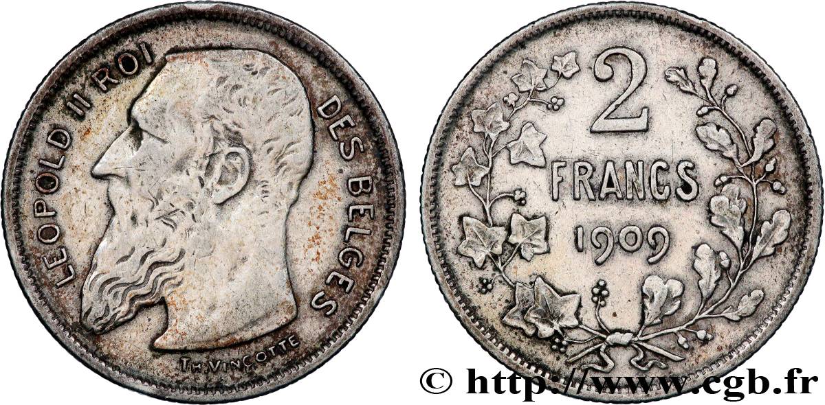 BELGIQUE - ROYAUME DE BELGIQUE - LÉOPOLD II 2 Francs légende française 1909  VF 