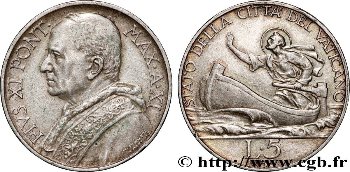 VATICAN ET ÉTATS PONTIFICAUX 5 Lire Pie XI an XI 1932  TTB+ 