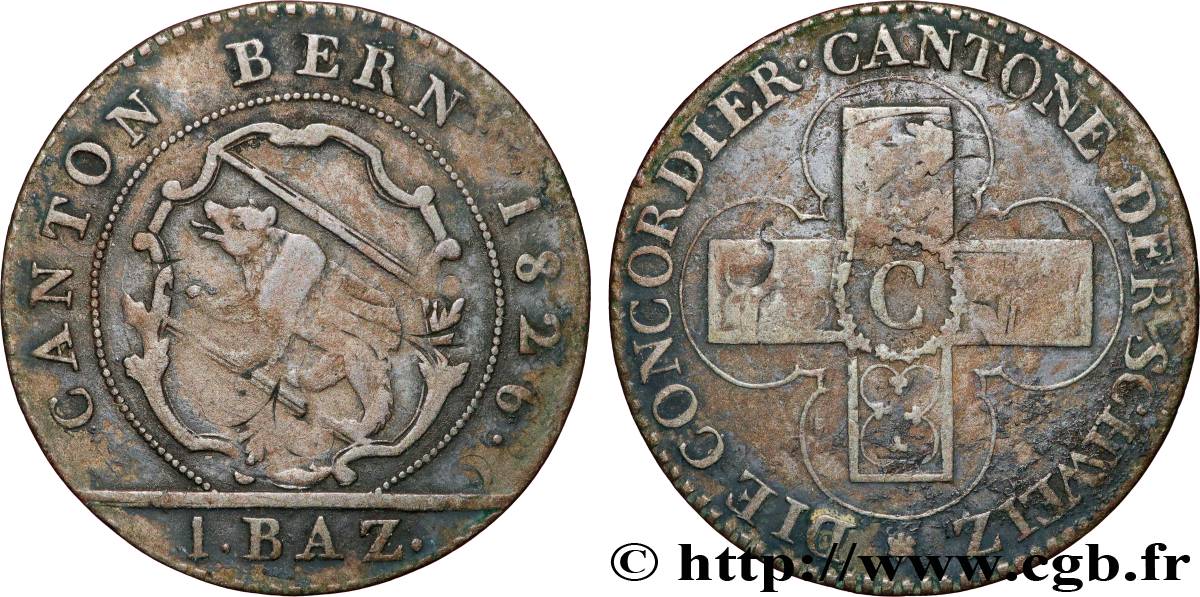 SWITZERLAND - CANTON OF BERN 1 Batzen 1826 Berne XF 